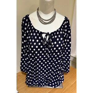 Star Vixen Navy Blue White Polka Dot Tie Neck Peasant Blouse Women's sz L